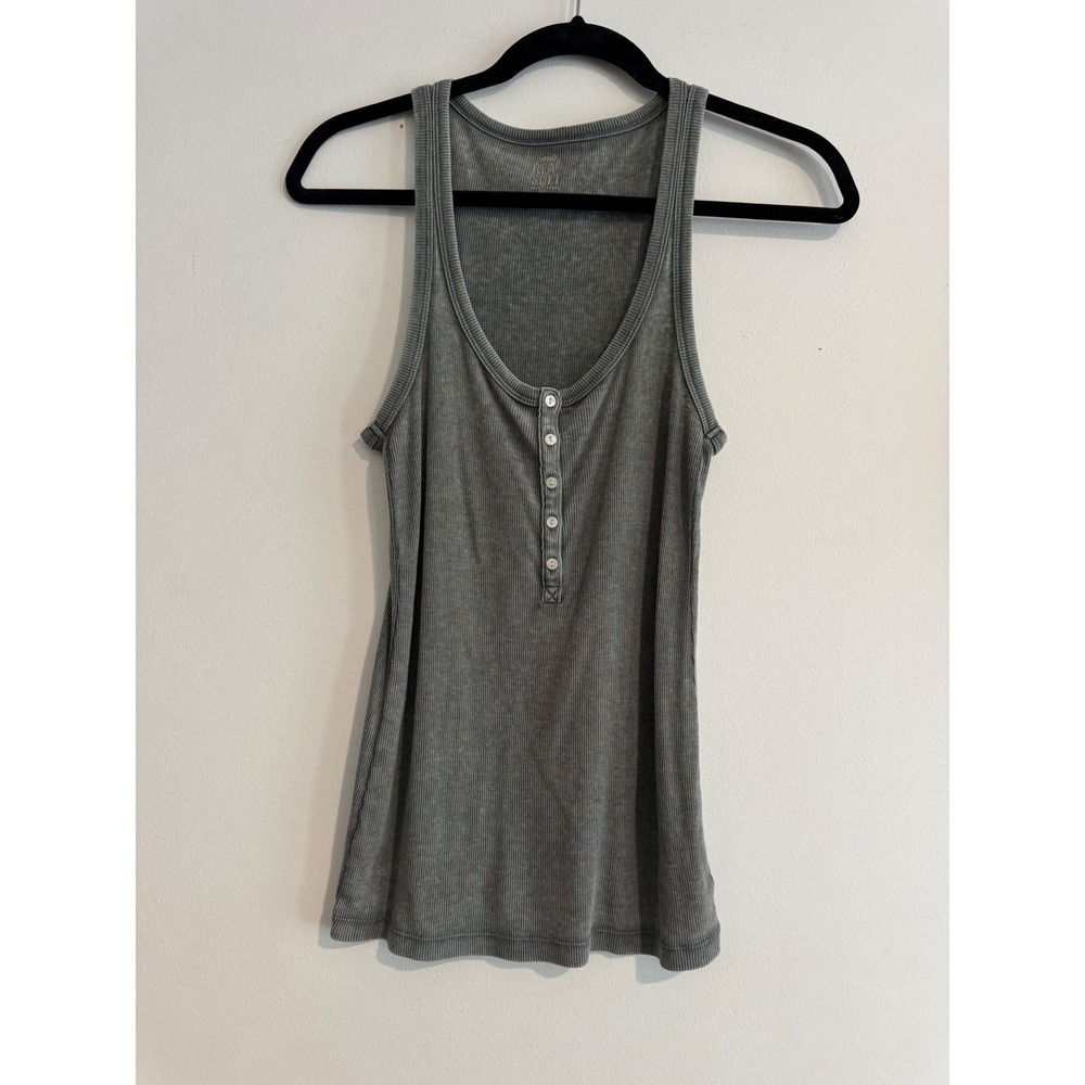 Aerie Real Soft Henley Tank Top Women Medium Grey Ribbed Mineral Wash